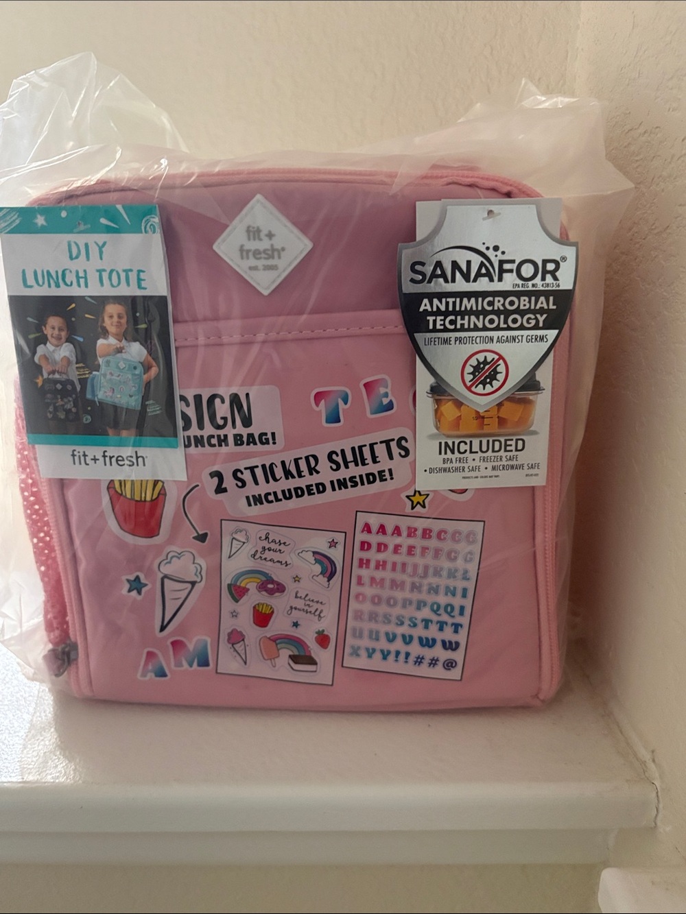 Pink DIY Kids Lunch Tote with Sanafor Antimicrobial Protection